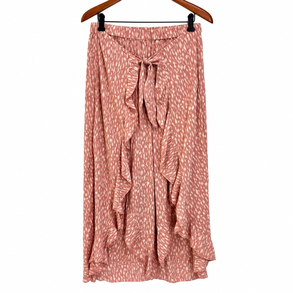 Salty Lemon Women L Pink Abstract Print Wrap Front Tie Wide Leg Palazzo Pants